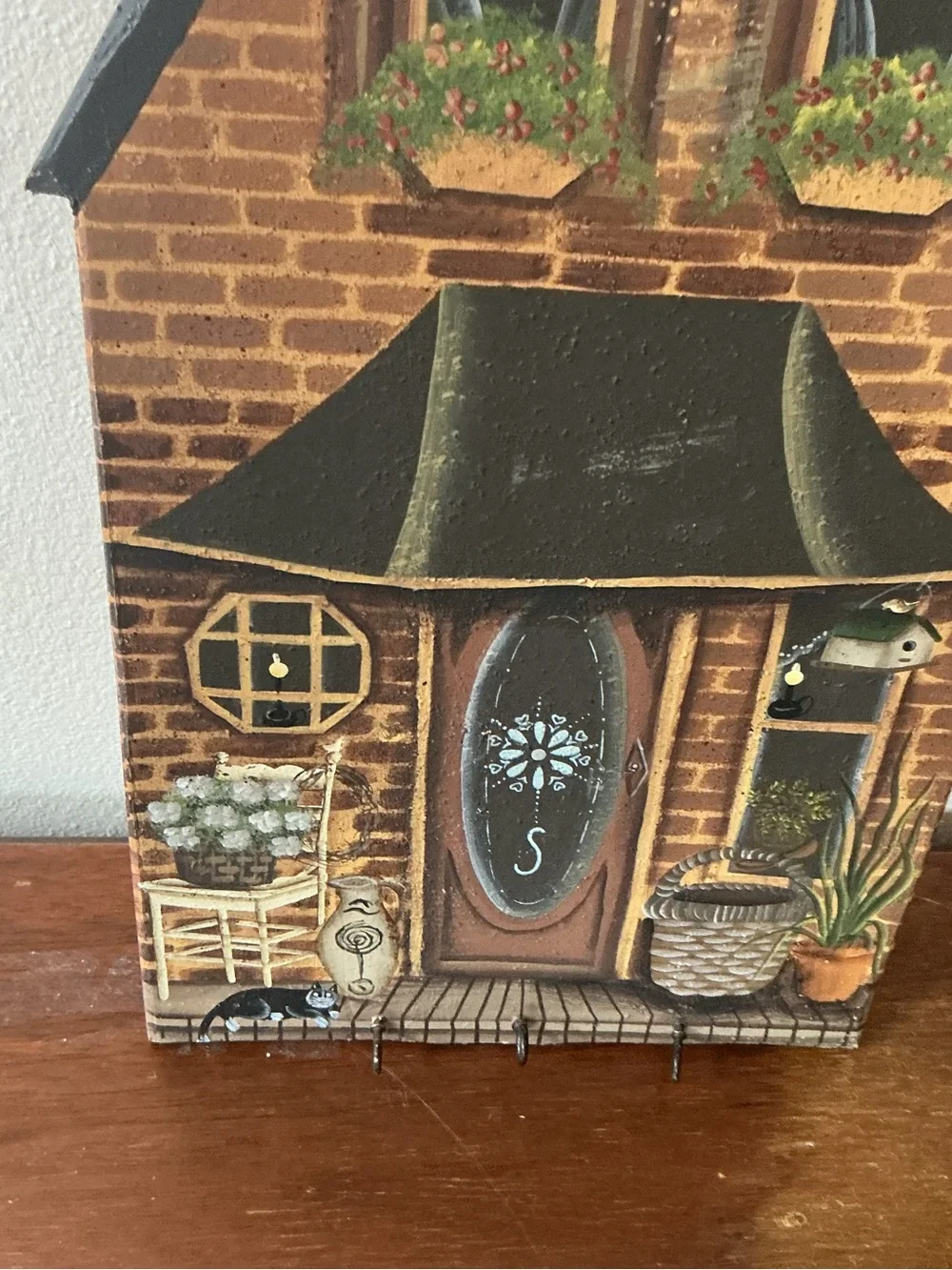 HandPainted Wooden House KEY HOLDER Wall Hanging Decor 4Hooks Blue Country House